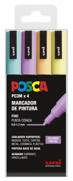 Posca PC3M Pack de 4 Marcadores de Pintura - Punta Conica 0.9-1.3mm - Tinta Base al Agua - Resistente a la Luz - No Permanente -