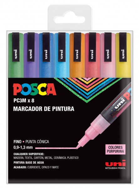 Posca PC3M Pack de 8 Marcadores de Pintura - Punta Conica 0.9-1.3mm - Tinta Base al Agua - Resistente a la Luz - Ideal para Cart