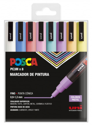 Posca PC3M Pack de 8 Marcadores de Pintura - Punta Conica 0.9-1.3mm - Tinta Base al Agua - Resistente a la Luz  - Ideal para Carteleria y Decoracion - Colores Surtidos Pastel