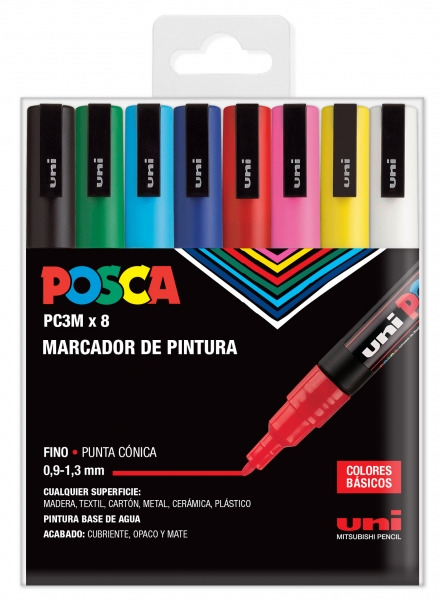 Posca PC3M Pack de 8 Marcadores de Pintura - Punta Conica 0.9-1.3mm - Tinta Base al Agua - Resistente a la Luz - No Permanente -