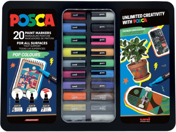Posca Pop Colours Maleta Metalica con 20 Marcadores de Pintura - Surtido en Color y Trazo - Punta de Poliester - Tinta Pigmentad