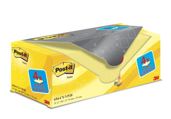 Post-It Pack de 20 Blocs de 100 Notas Adhesivas Reposicionables - Forma Cuadrada - 76x76mm - Color Amarillo Claro