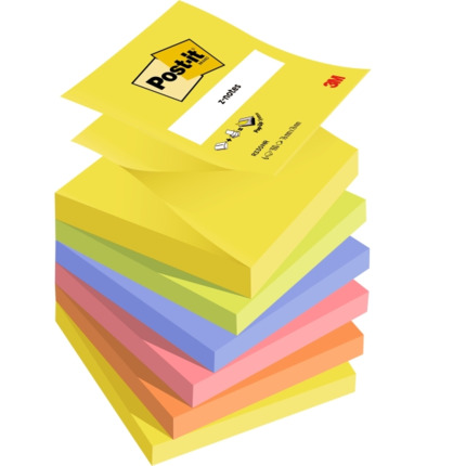 Post-It Pack de 6 Blocs de 100 Z-Notas Adhesivas Reposicionables 76x76mm - Forma Cuadrada  - Colores Surtidos
