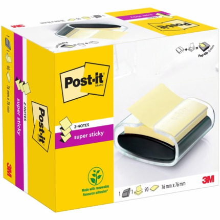 Post-It Super Sticky Dispensador con Bloc de 90 Z-Notas Adhesivas - Dispensador Pro - Forma Cuadrada - 76x76mm - Color Negro
