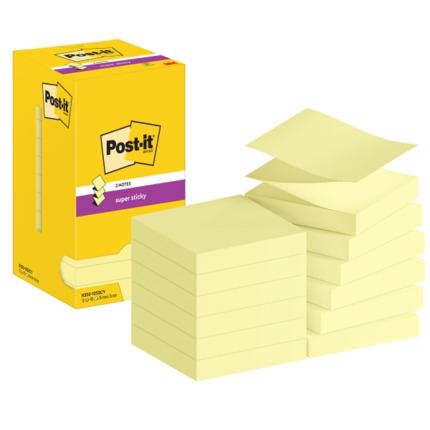 Post-It Super Sticky Pack de 12 Blocs de 90 Notas Adhesivas Reposicionables Zig-Zag 76x76mm - Forma Cuadrada - Color Amarillo Claro