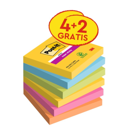 Post-It Super Sticky Pack de 6 Blocs de 90 Notas Adhesivas Reposicionables - Forma Cuadrada - 76x76mm - Colores Surtidos