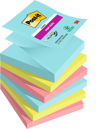 Post-It Super Sticky Pack de 6 Blocs de 90 Notas Adhesivas Reposicionables - Forma Cuadrada - 76x76mm - en Zig-Zag - Colores Surtidos
