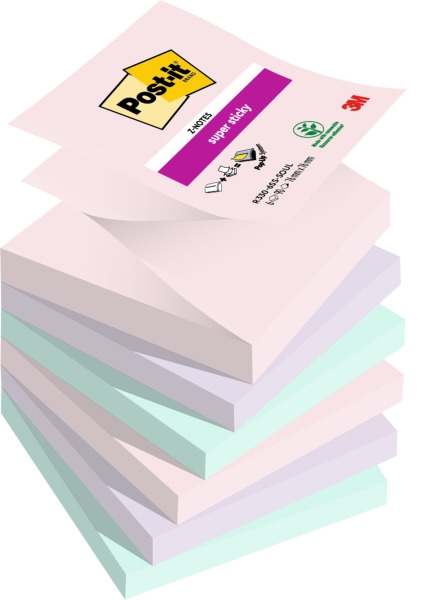 Post-It Super Sticky Pack de 6 Blocs de 90 Notas Adhesivas Reposicionables - Forma Cuadrada - 76x76mm - en Zig-Zag - Colores Sur