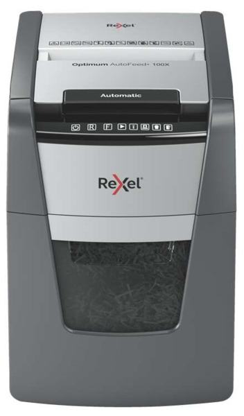 Rexel Optimum AutoFeed 100X Destructora Automatica de Corte en Particulas P-4 - Alimentacion Automatica 100 Hojas y Manual 8 Hoj