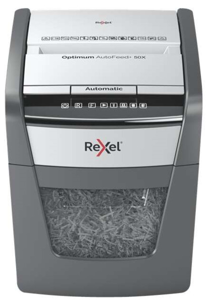 Rexel Optimum AutoFeed 50X Destructora Automatica de Corte en Particulas P-4 - Alimentacion Automatica 50 hojas y Ranura Manual