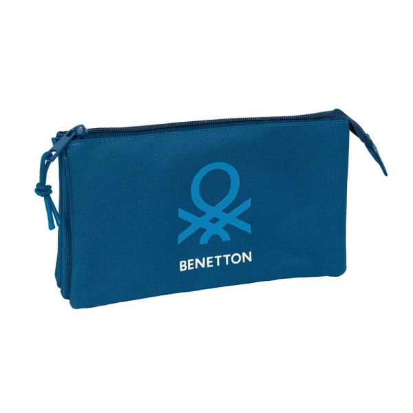 Safta Benetton Basics Marino Portatodo - 3 Compartimentos con Cremalleras - Bolsillo Interior - 0.6L - 220x30x120mm - Color Azul