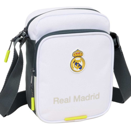 Safta Real Madrid Bandolera de 2L - Ajustable - Bolsillo Trasero con Velcro - Cierre con Cremallera - 16x22x6cm - Color Blanco y Negro
