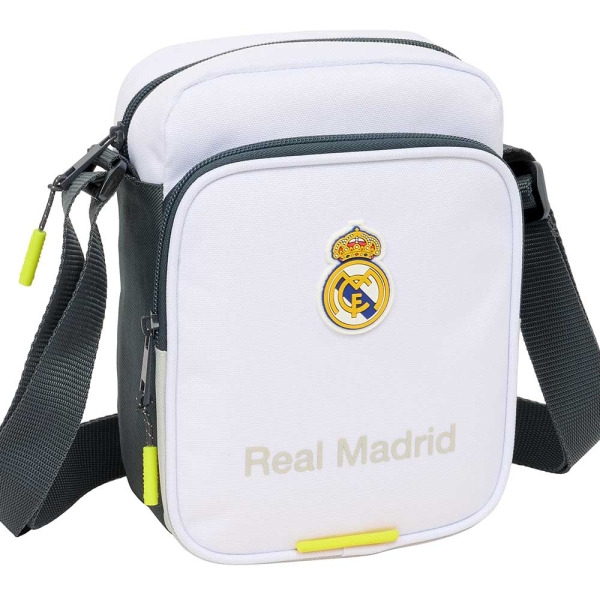 Safta Real Madrid Bandolera de 2L - Ajustable - Bolsillo Trasero con Velcro - Cierre con Cremallera - 16x22x6cm - Color Blanco y