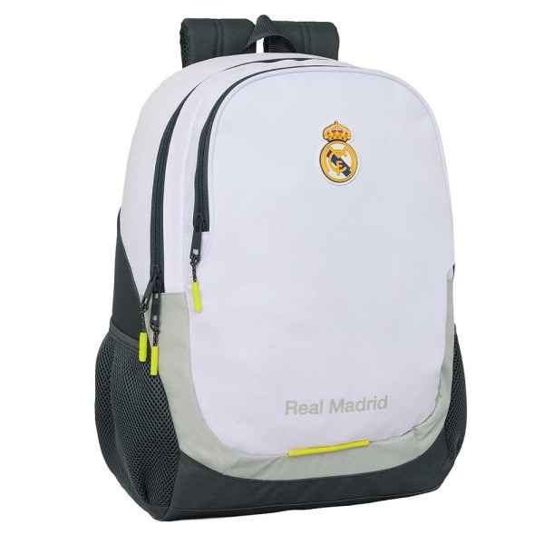 Safta Real Madrid Mochila Escolar de 23L - Adaptable a Carro - 2 Compartimentos - Portabotellas - 32x44x16cm - Color Blanco y Ne