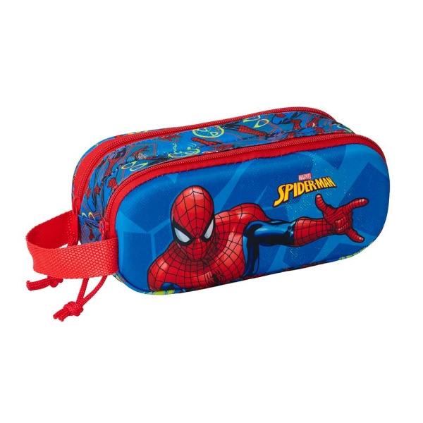 Safta Spider-Man Estuche Portatodo 3D de 1L - 2 Compartimentos - Cierre de Cremallera - Asa de Mano - 21x8x6cm - Color Rojo y Az