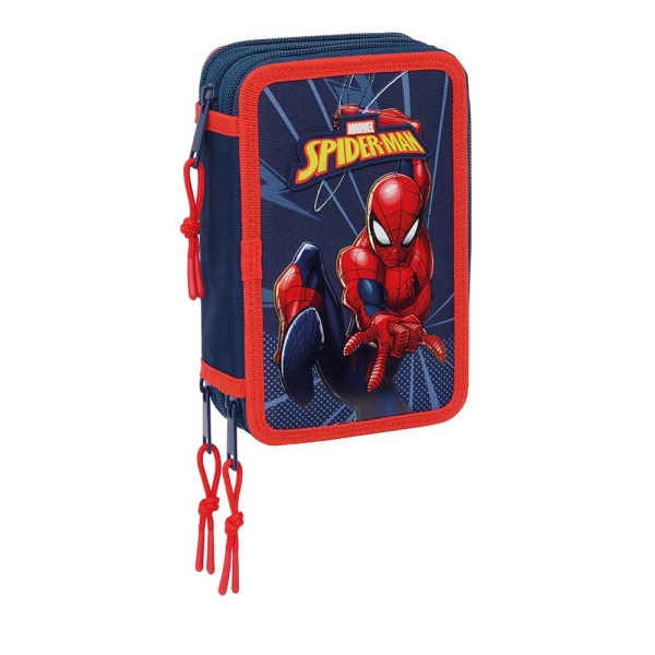 Safta Spider-Man Plumier de 3 Pisos - 37 Piezas - 1.3L - Goma - Lapiz - Boligrafos - Sacapuntas - Reglas - 16 Colores - 14 Rotul