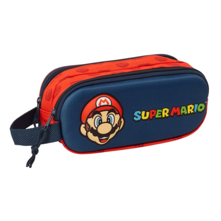 Safta Super Mario Estuche Portatodo 3D - 2 Compartimentos - Asa de Mano - 21x8x6cm - Color Rojo y Azul