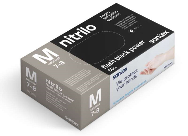 Santex Flash Black Power Pack de 50 Guantes de Nitrilo Talla M - Dibujo Diamante Texturizado - Sin Polvo - Libre de Latex - No E