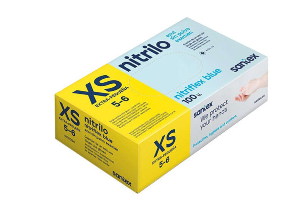 Santex Nitriflex Blue Pack de 100 Guantes de Nitrilo para Examen Talla XS - 3.5 gramos - Sin Polvo - Libre de Latex - No Esteril