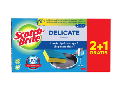 Scotch-Brite Delicate Pack de 3 Estropajos de Cocina - Promocion 2 + 1 Gratis - No Raya - Color Amarillo