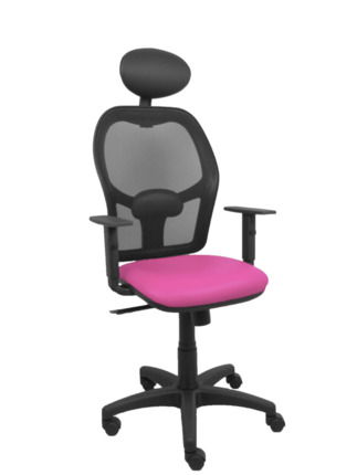 Silla Alocén malla negra asiento similpiel rosa brazos regulables cabecero fijo