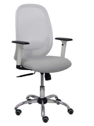 Silla de oficina Cilanco blanca malla blanca asiento bali gris brazo regulable base cromada ruedas de parqué