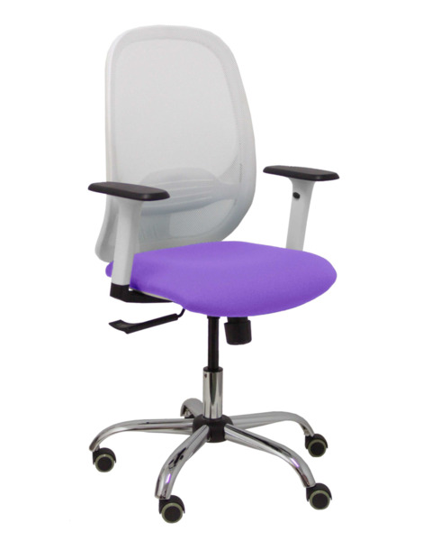 Silla de oficina Cilanco blanca malla blanca asiento bali lila brazo regulable base cromada ruedas de parqué (1)