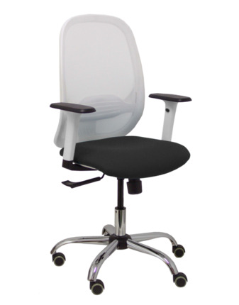 Silla de oficina Cilanco blanca malla blanca asiento bali negro brazo regulable base cromada ruedas de parqué