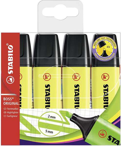 Stabilo Boss 70 Pack de 4 Marcadores Fluorescentes - Trazo entre 2 y 5mm - Recargable - Tinta con Base de Agua - Color Amarillo