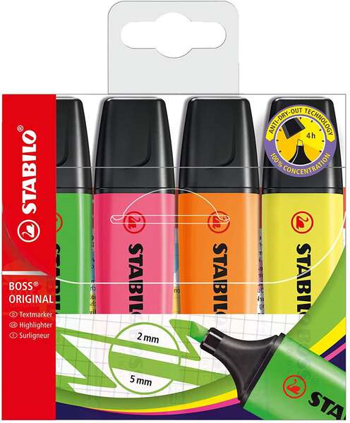 Stabilo Boss 70 Pack de 4 Marcadores Fluorescentes - Trazo entre 2 y 5mm - Recargable - Tinta con Base de Agua - Colores Surtido