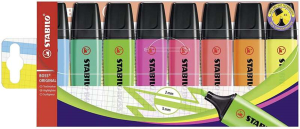 Stabilo Boss 70 Pack de 8 Marcadores Fluorescentes - Trazo entre 2 y 5mm - Recargable - Tinta con Base de Agua - Colores Surtido