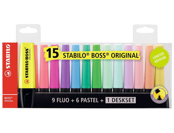Stabilo Boss 70 Pack de Escritorio de 15 Marcadores Fluorescente - Practica Base para Escritorio - Trazo entre 2 y 5mm - Recarga