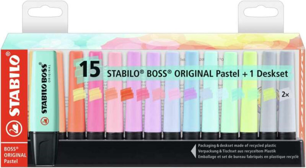 Stabilo Boss 70 Pack de Escritorio de 15 Marcadores Fluorescente - Practica Base para Escritorio - Trazo entre 2 y 5mm - Recarga