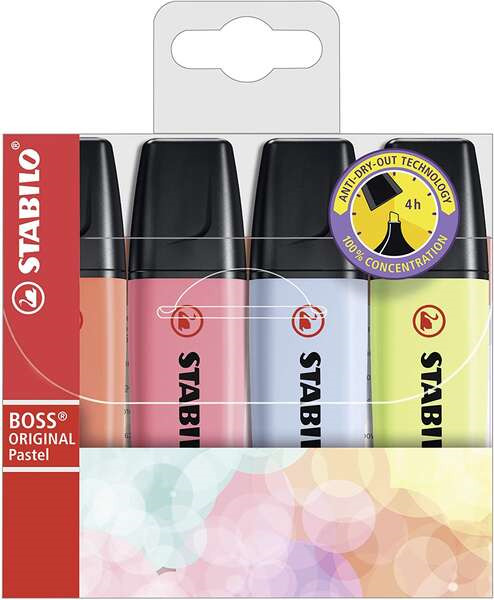 Stabilo Boss 70 Pastel Pack de 4 Marcadores Fluorescentes - Trazo entre 2 y 5mm - Recargable - Tinta con Base de Agua - Colores