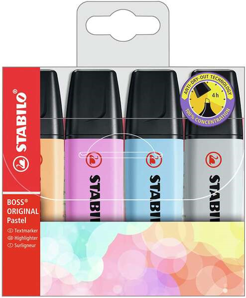 Stabilo Boss 70 Pastel Pack de 4 Marcadores Fluorescentes - Trazo entre 2 y 5mm - Recargable - Tinta con Base de Agua - Colores