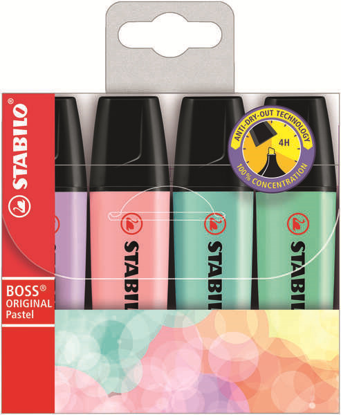 Stabilo Boss 70 Pastel Pack de 4 Rotuladores Marcadores Fluorescentes - Trazo entre 2 y 5mm - Recargable - Tinta con Base de Agu