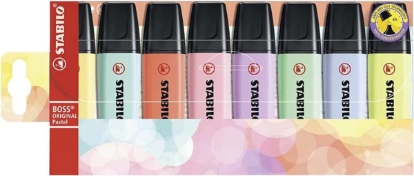 Stabilo Boss 70 Pastel Pack de 8 Marcadores Fluorescentes - Trazo entre 2 y 5mm - Recargable - Tinta con Base de Agua - Colores