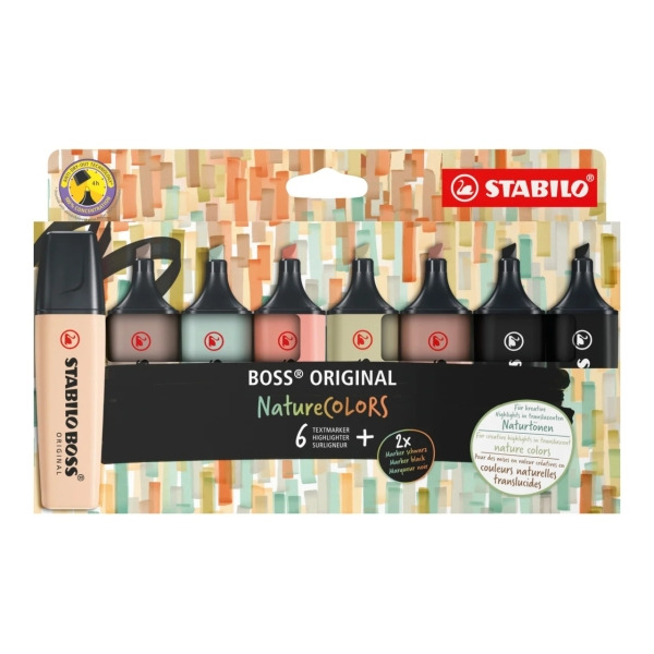 Stabilo Boss Naturecolors Pack de 8 Marcadores - Trazo entre 2 y 5mm - Tinta con Base de Agua - Colores Siena, Beige, Ocre Oscur
