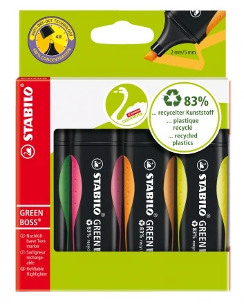 Stabilo Green Boss Pack de 4 Marcadores Fluorescentes - Fabricado con un 83% de Plastico Reciclado - Trazo entre 2 y 5mm - Recar
