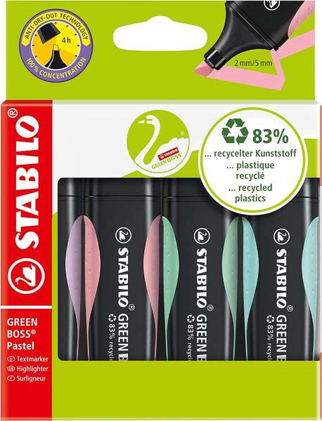 Stabilo Green Boss Pastel Pack de 4 Marcadores Fluorescentes - Fabricado con un 83% de Plastico Reciclado - Trazo entre 2 y 5mm