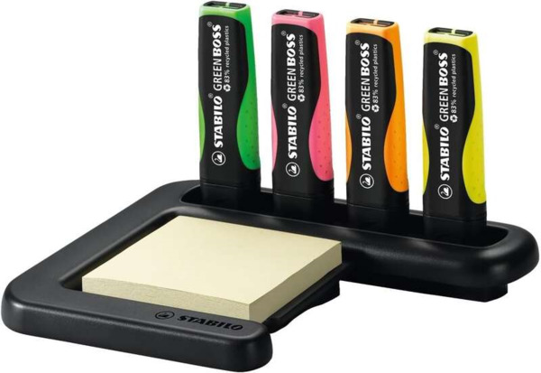 Stabilo Green Boss Set de Mesa de 4 Marcadores Fluorescentes 83% Plastico Reciclado + Bloc de Notas Adhesivas 100% Papel Recicla