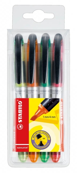 Stabilo Navigator Pack de 4 Marcadores Fluorescentes - Zona de Agarre - Diseño Delgado - Practico Clip para Llevar - Trazo entre