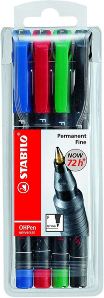 Stabilo OHPen Pack de 4 Rotuladores Permanentes - Punta Fina - Trazo de 0.7mm - Agarre Antideslizante - Tapon Ventilado - Colore