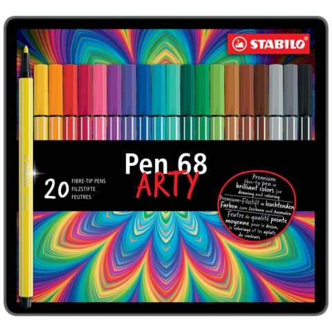 Stabilo Pen 68 Arty Caja Metalica de 20 Rotuladores - Punta de Fibra - Trazo de 1mm aprox. - Tinta a Base de Agua - Capuchon Ven