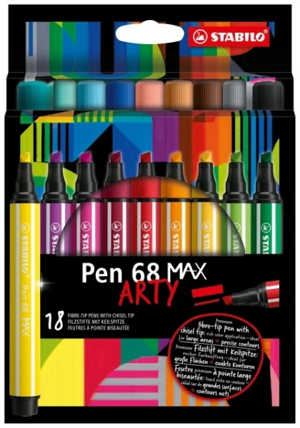 Stabilo Pen 68 MAX Arty Pack de 18 Rotuladores - Punta de Fibra Biselada - Trazo entre 1-5mm aprox. - Tinta a Base de Agua - Col