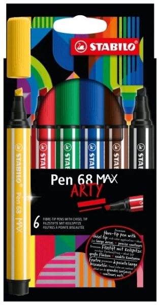 Stabilo Pen 68 MAX Arty Pack de 6 Rotuladores - Punta de Fibra Biselada - Trazo entre 1-5mm aprox. - Tinta a Base de Agua - Colo