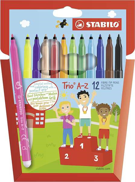 Stabilo Trio AZ Pack de 12 Rotulador de Punta Fina de Fibra - Trazo 0.7mm - Tinta Super Lavable - Forma Triangular - Colores Sur