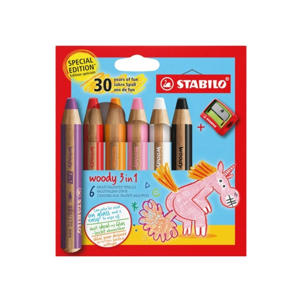 Stabilo Woody 3 en 1 30Âº Aniversario Unicornio Pack de 6 Lapices de Colores + Sacapuntas - Lapiz de Color, Cera y Acuarela, Tod