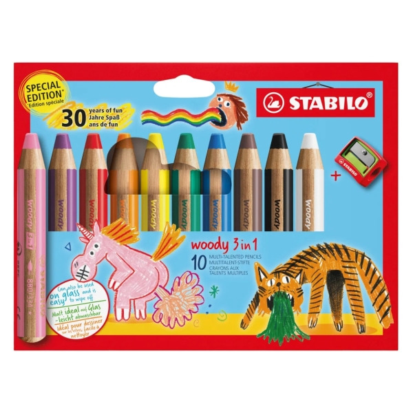 Stabilo Woody 3 en 1 30º Aniversario Unicornio y Tigre Pack de 10 Lapices de Colores + Sacapuntas - Lapiz de Color, Cera y Acua