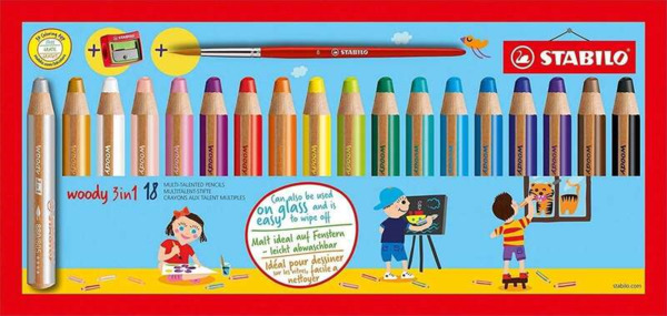 Stabilo Woody 3 en 1 Pack de 18 Lapices de Colores + Sacapuntas + Pincel Nº 8 - Lapiz de Color, Cera y Acuarela, Todo en Uno -